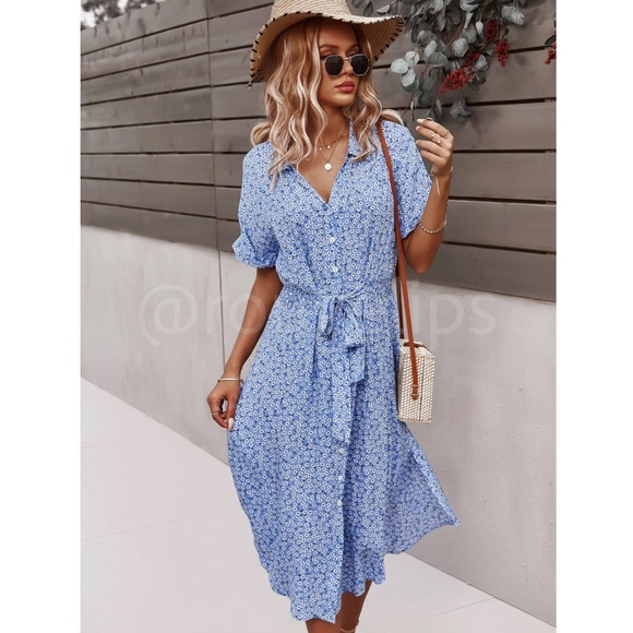 Rouge! Dresses & Skirts - Light Blue Floral Print Midi Dress Button Front V-Neck